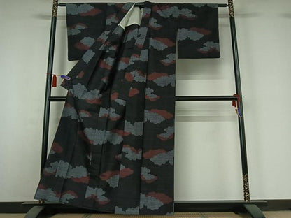 平和屋着物▽上質な紬　単衣　雲取り文　黒地　正絹　逸品　AABI4627jh
