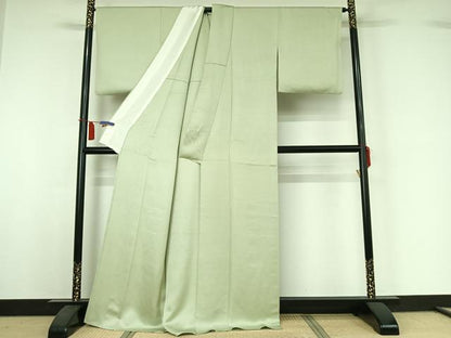 平和屋着物▽上質な色無地　単衣　氷割れ地紋　若芽色　正絹　逸品　AABI4631jh