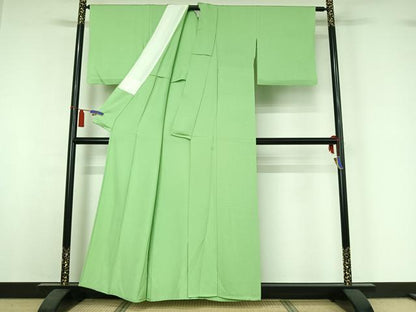 平和屋着物▽上質な色無地　単衣　草花地紋　薄萌葱色　正絹　逸品　AABI4634jh