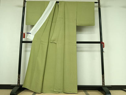 平和屋着物▽上質な色無地　単衣　若菜色　正絹　逸品　AABI4635jh