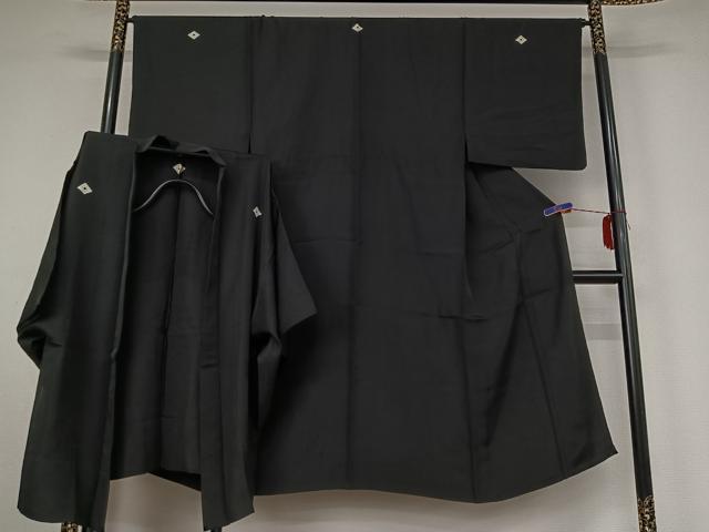 平和屋着物▽男性　黒紋付　単衣　アンサンブル　暗黒色　正絹　逸品　AABI4647jh