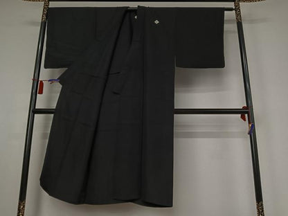 平和屋着物▽男性　黒紋付　単衣　アンサンブル　暗黒色　正絹　逸品　AABI4647jh