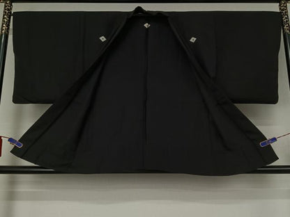 平和屋着物▽男性　黒紋付　単衣　アンサンブル　暗黒色　正絹　逸品　AABI4647jh