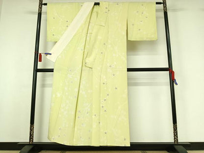 平和屋着物▽上質な小紋　単衣　手描き　枝梅文　正絹　逸品　AABI4649jh