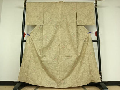平和屋着物▽上質な紬　単衣　亀甲花文　正絹　逸品　AABI4659jh