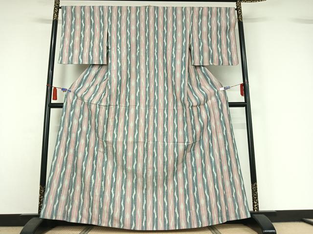 平和屋着物▽上質な紬　単衣　変わり縞　正絹　逸品　AABI4660jh
