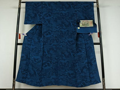 平和屋着物▽阿波藍染　田中昭夫　小紋　単衣　型染め　風景花文　鬼しぼ縮緬　反端付き　正絹　逸品　AABI4662jh