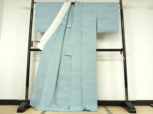 平和屋着物▽上質な色無地　単衣　霞取り地紋　水色　正絹　逸品　AABI4663jh