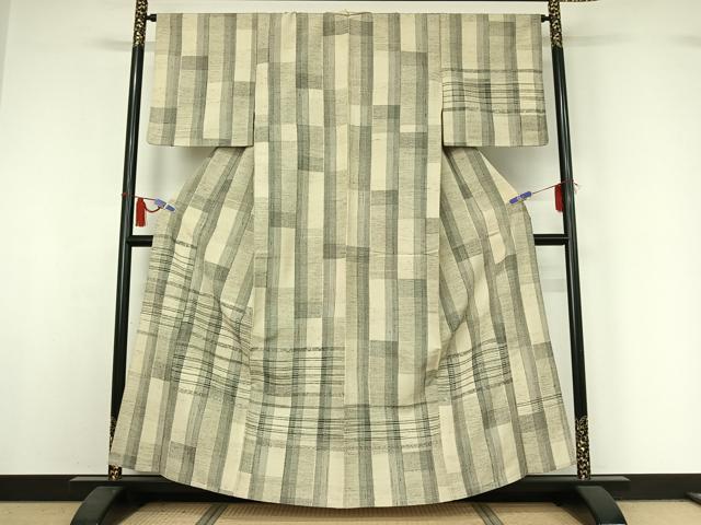 平和屋着物▽訪問着　単衣　ぜんまい紬　横段文　正絹　逸品　AABI4671jh