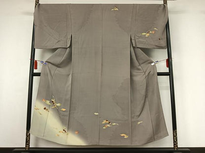 平和屋着物▽男性　訪問着　単衣　舞葉文　栗　暈し染め　キングサイズ　正絹　逸品　AABI4673jh