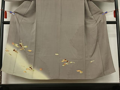 平和屋着物▽男性　訪問着　単衣　舞葉文　栗　暈し染め　キングサイズ　正絹　逸品　AABI4673jh