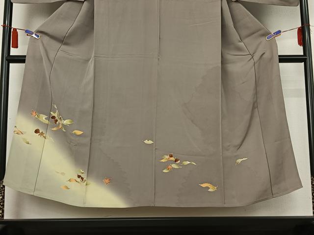 平和屋着物▽男性　訪問着　単衣　舞葉文　栗　暈し染め　キングサイズ　正絹　逸品　AABI4673jh