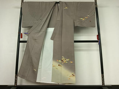 平和屋着物▽男性　訪問着　単衣　舞葉文　栗　暈し染め　キングサイズ　正絹　逸品　AABI4673jh
