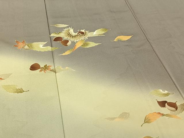 平和屋着物▽男性　訪問着　単衣　舞葉文　栗　暈し染め　キングサイズ　正絹　逸品　AABI4673jh