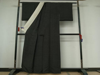 平和屋着物▽上質な紬　単衣　横段文　正絹　逸品　AABI4678jh