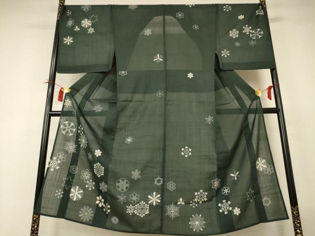 平和屋着物＊夏物　男性　染織の名門　しょうざん  生紬　訪問着　一珍染　雪の結晶　反端付き　キングサイズ　正絹　逸品　AABI4684jd