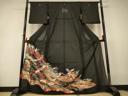 平和屋着物＊夏物 黒留袖 絽 地紙花鳥文 金彩 洗える着物 AABI4704jd