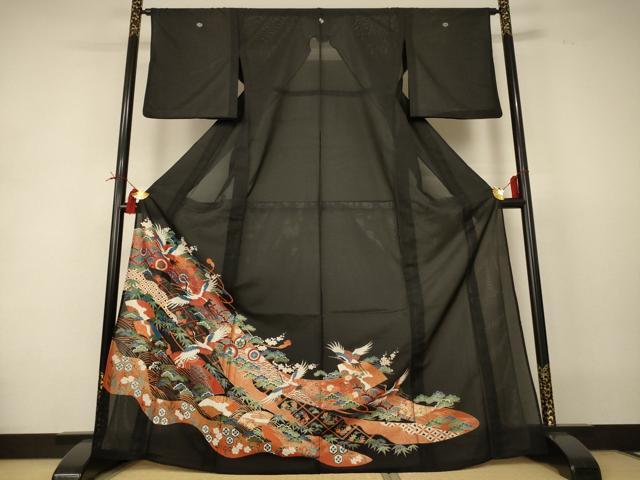 平和屋着物＊夏物 黒留袖 絽 地紙花鳥文 金彩 洗える着物 AABI4704jd
