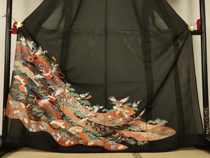 平和屋着物＊夏物 黒留袖 絽 地紙花鳥文 金彩 洗える着物 AABI4704jd
