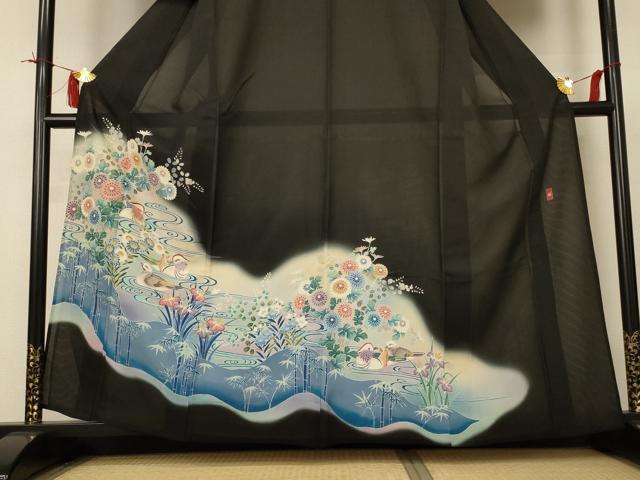 平和屋着物＊夏物 黒留袖 絽 友禅 作家物 流水花鳥文 暈し染め 正絹 逸品 AABI4705jd
