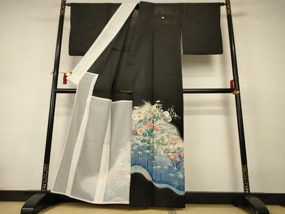 平和屋着物＊夏物 黒留袖 絽 友禅 作家物 流水花鳥文 暈し染め 正絹 逸品 AABI4705jd
