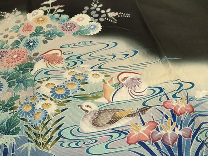 平和屋着物＊夏物 黒留袖 絽 友禅 作家物 流水花鳥文 暈し染め 正絹 逸品 AABI4705jd