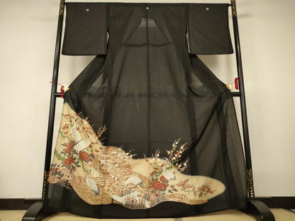平和屋着物＊夏物 黒留袖 絽 流水花鳥文 金彩 洗える着物 AABI4706jd