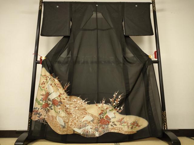 平和屋着物＊夏物 黒留袖 絽 流水花鳥文 金彩 洗える着物 AABI4706jd