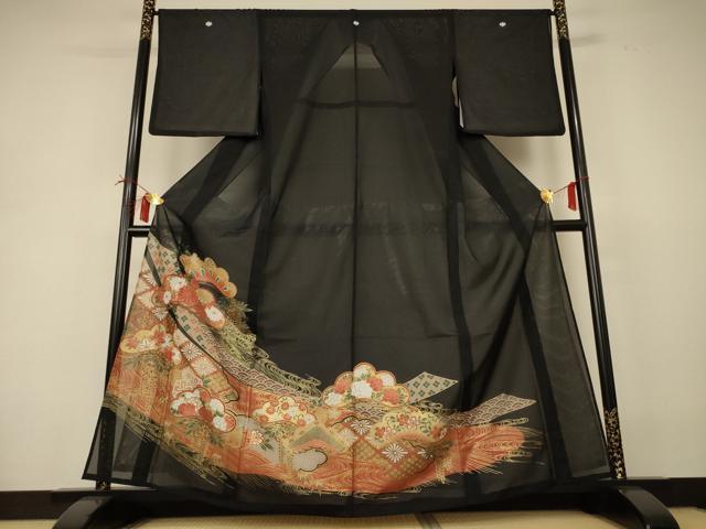 平和屋着物＊夏物 黒留袖 絽 吉祥熨斗花文 金彩 洗える着物 AABI4707jd
