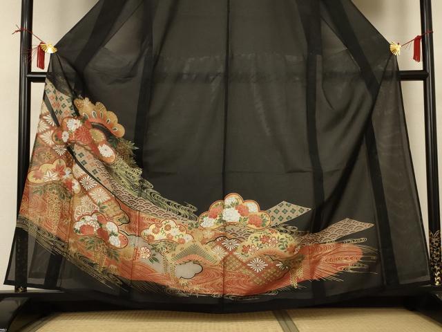 平和屋着物＊夏物 黒留袖 絽 吉祥熨斗花文 金彩 洗える着物 AABI4707jd