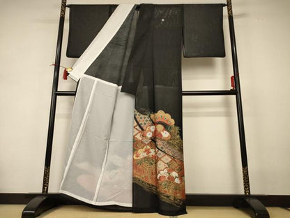 平和屋着物＊夏物 黒留袖 絽 吉祥熨斗花文 金彩 洗える着物 AABI4707jd