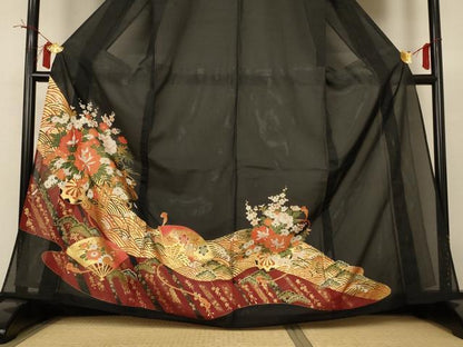 平和屋着物＊夏物 黒留袖 絽 扇面花車文 金彩 洗える着物 AABI4708jd