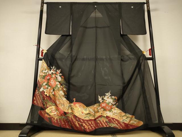 平和屋着物＊夏物 黒留袖 絽 扇面花車文 金彩 洗える着物 AABI4708jd