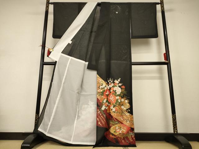 平和屋着物＊夏物 黒留袖 絽 扇面花車文 金彩 洗える着物 AABI4708jd