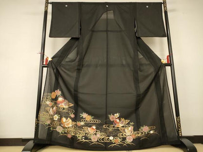 平和屋着物＊夏物 黒留袖 絽 花鳥文 洗える着物 AABI4709jd