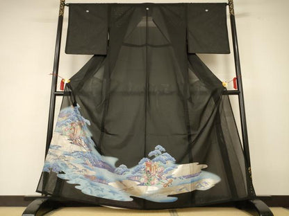 平和屋着物＊夏物 黒留袖 絽 立波御所車花文 暈し染め 金銀彩 洗える着物 AABI4720jd