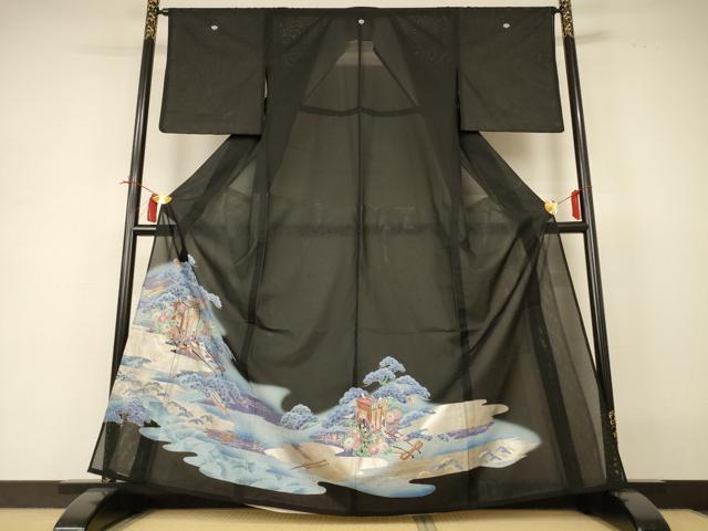 平和屋着物＊夏物 黒留袖 絽 立波御所車花文 暈し染め 金銀彩 洗える着物 AABI4720jd