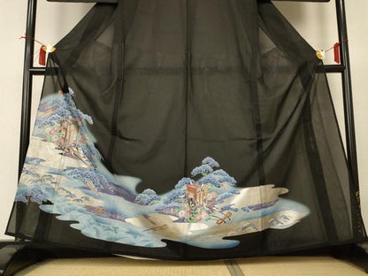 平和屋着物＊夏物 黒留袖 絽 立波御所車花文 暈し染め 金銀彩 洗える着物 AABI4720jd