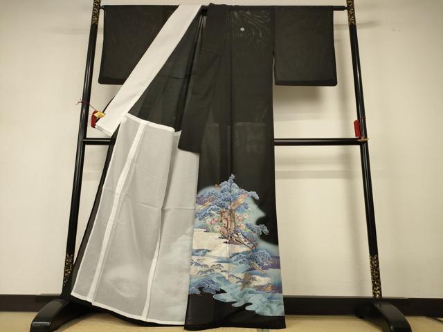 平和屋着物＊夏物 黒留袖 絽 立波御所車花文 暈し染め 金銀彩 洗える着物 AABI4720jd