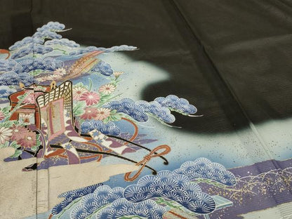 平和屋着物＊夏物 黒留袖 絽 立波御所車花文 暈し染め 金銀彩 洗える着物 AABI4720jd