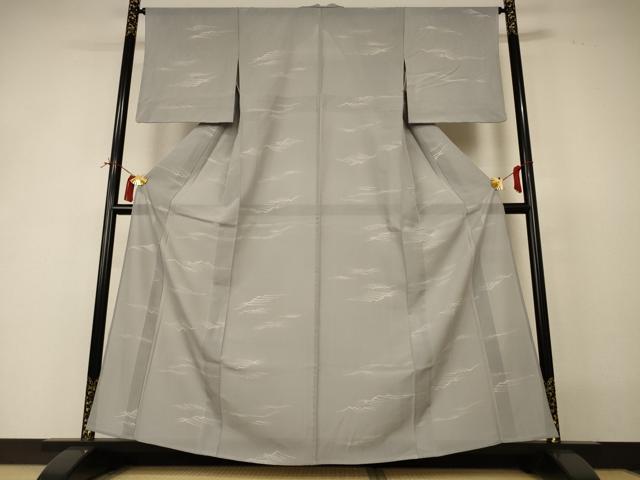 平和屋着物＊夏物 小紋 絽 手描き 立波文 銀彩 正絹 逸品 AABI4774jd