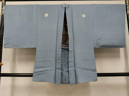 平和屋着物●男性　色紋付・羽織セット　灰青色　正絹　逸品　AABI4801ph
