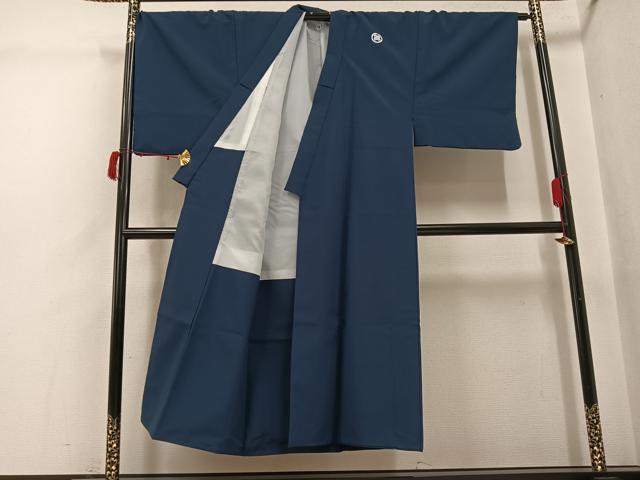 平和屋着物●男性　色紋付・羽織セット　鉄御納戸色　正絹　逸品　AABI4802ph