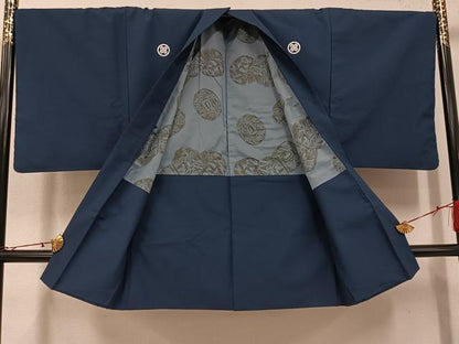 平和屋着物●男性　色紋付・羽織セット　鉄御納戸色　正絹　逸品　AABI4802ph