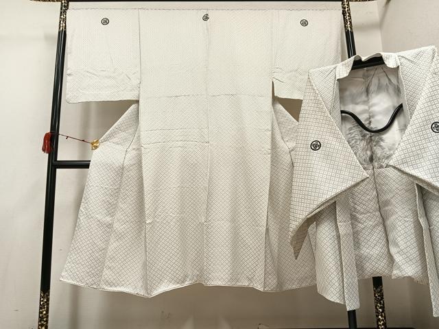 平和屋着物●男性　白紋付・羽織セット　菱文　正絹　逸品　AABI4803ph