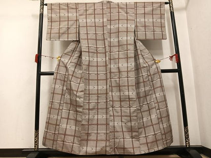 平和屋着物●上質な紬　格子　正絹　逸品　AABI4806ph