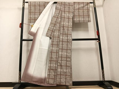 平和屋着物●上質な紬　格子　正絹　逸品　AABI4806ph
