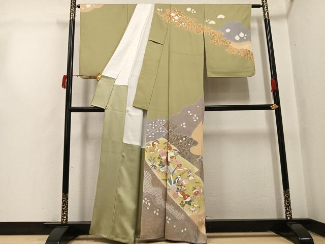 平和屋着物●訪問着　友禅　絞り　草花文　金彩　正絹　逸品　AABI4814ph