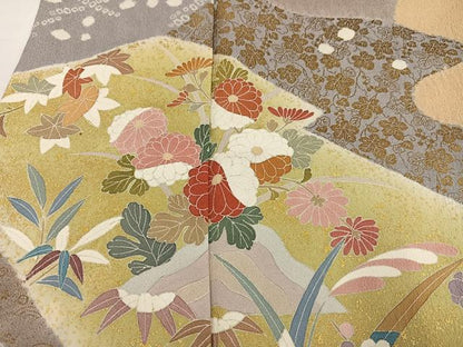 平和屋着物●訪問着　友禅　絞り　草花文　金彩　正絹　逸品　AABI4814ph