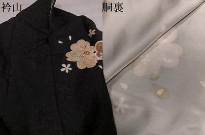 平和屋着物●豪華振袖　駒刺繍　夜桜　黒地　金彩　正絹　逸品　AABI4816ph